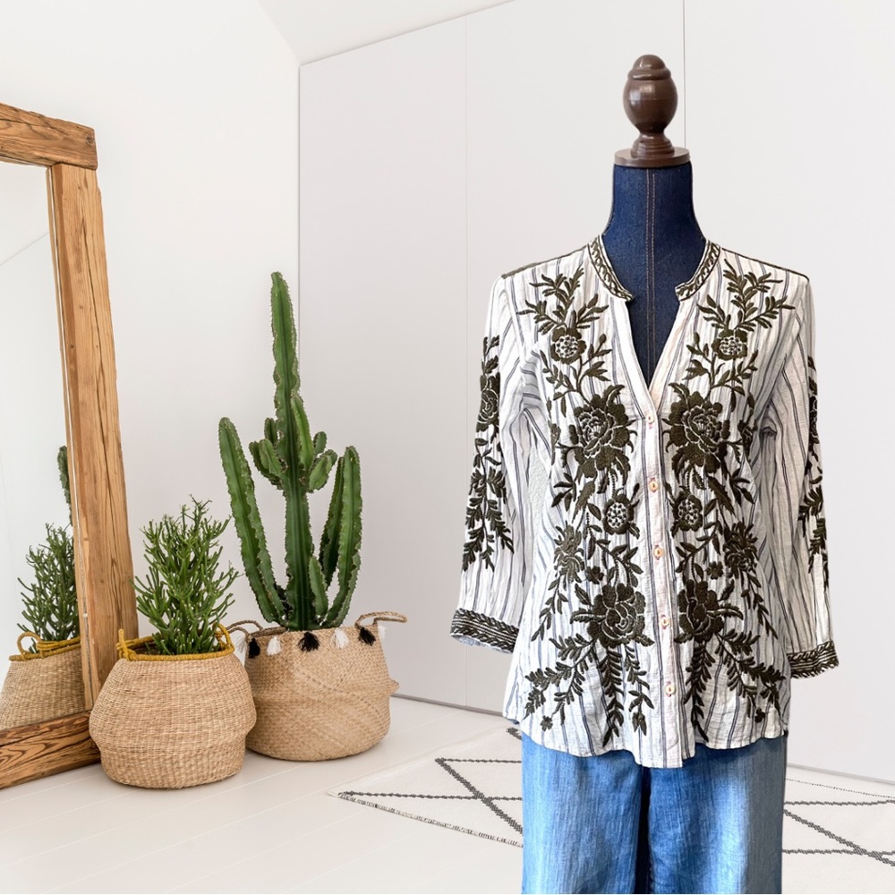 Johnny Was Workshop Striped Floral Embroidered Button Down